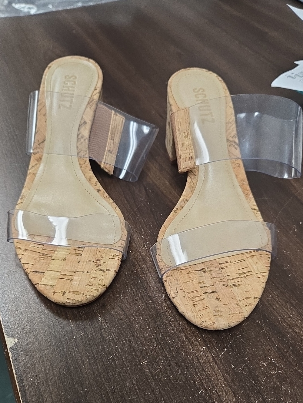 SCHUTZ Size 7B Clear Double-Strap Cork Slide Sandals